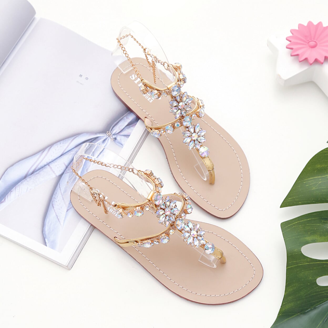 Shimmering Rhinestone Faux Leather Sandals for Women