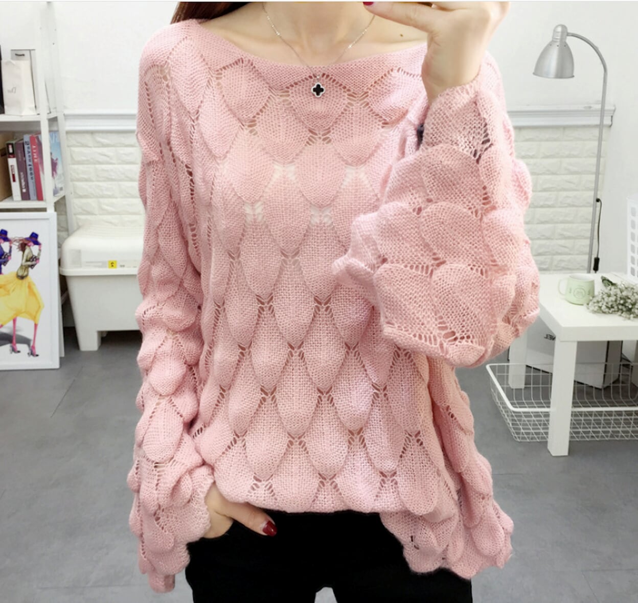 Open Knit Bell Sleeve Blouse for Women