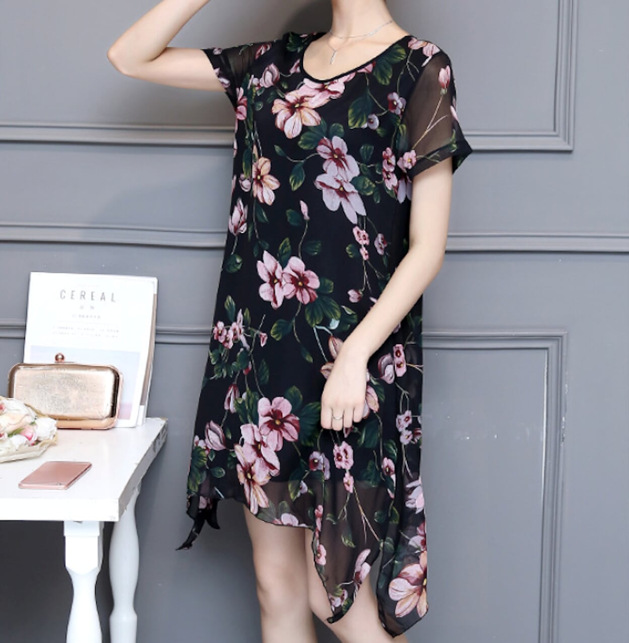 Uneven Short Sleeve Floral Dress for Women