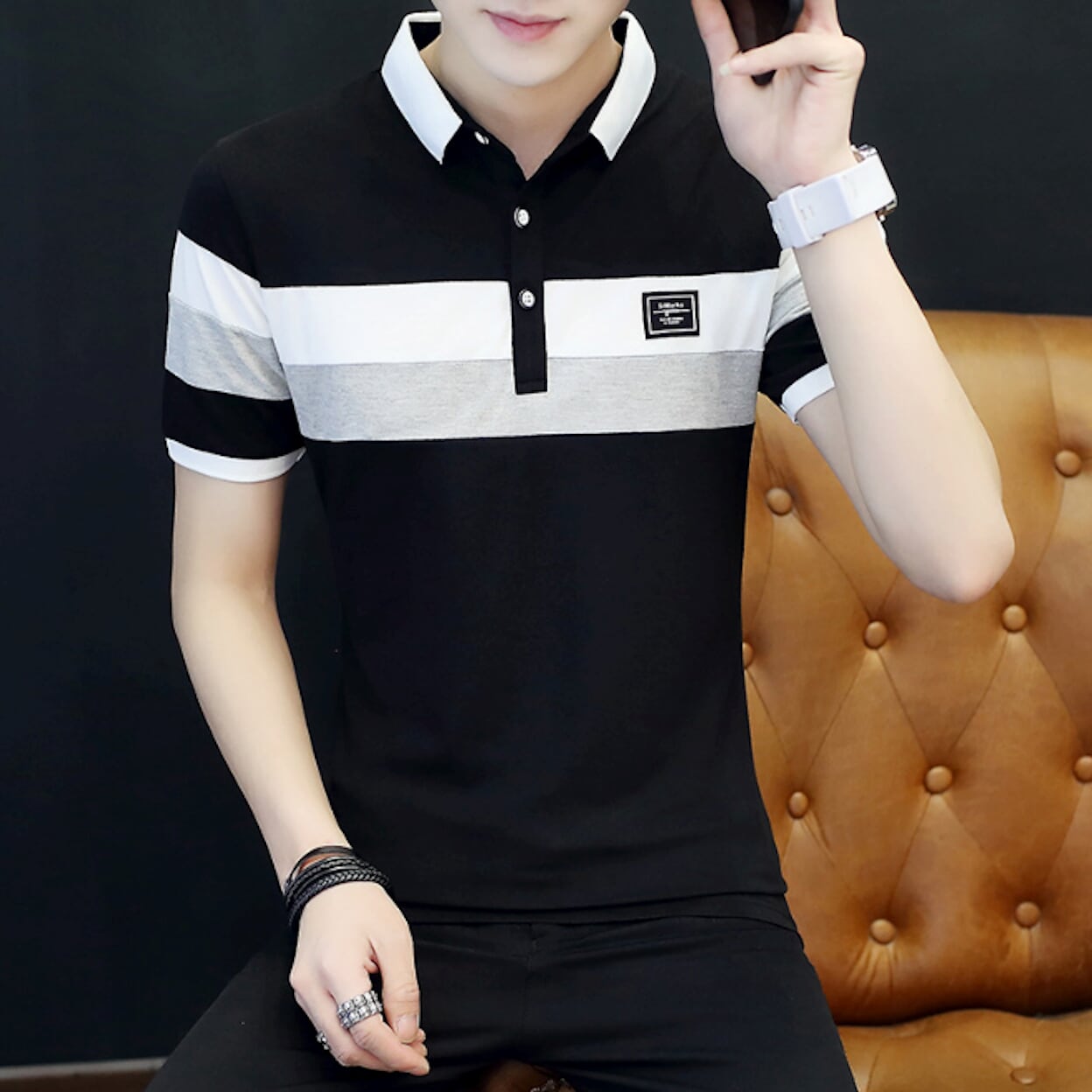 Slim Fit Wide Striped Polo Shirt for Men with Solid Back Panel