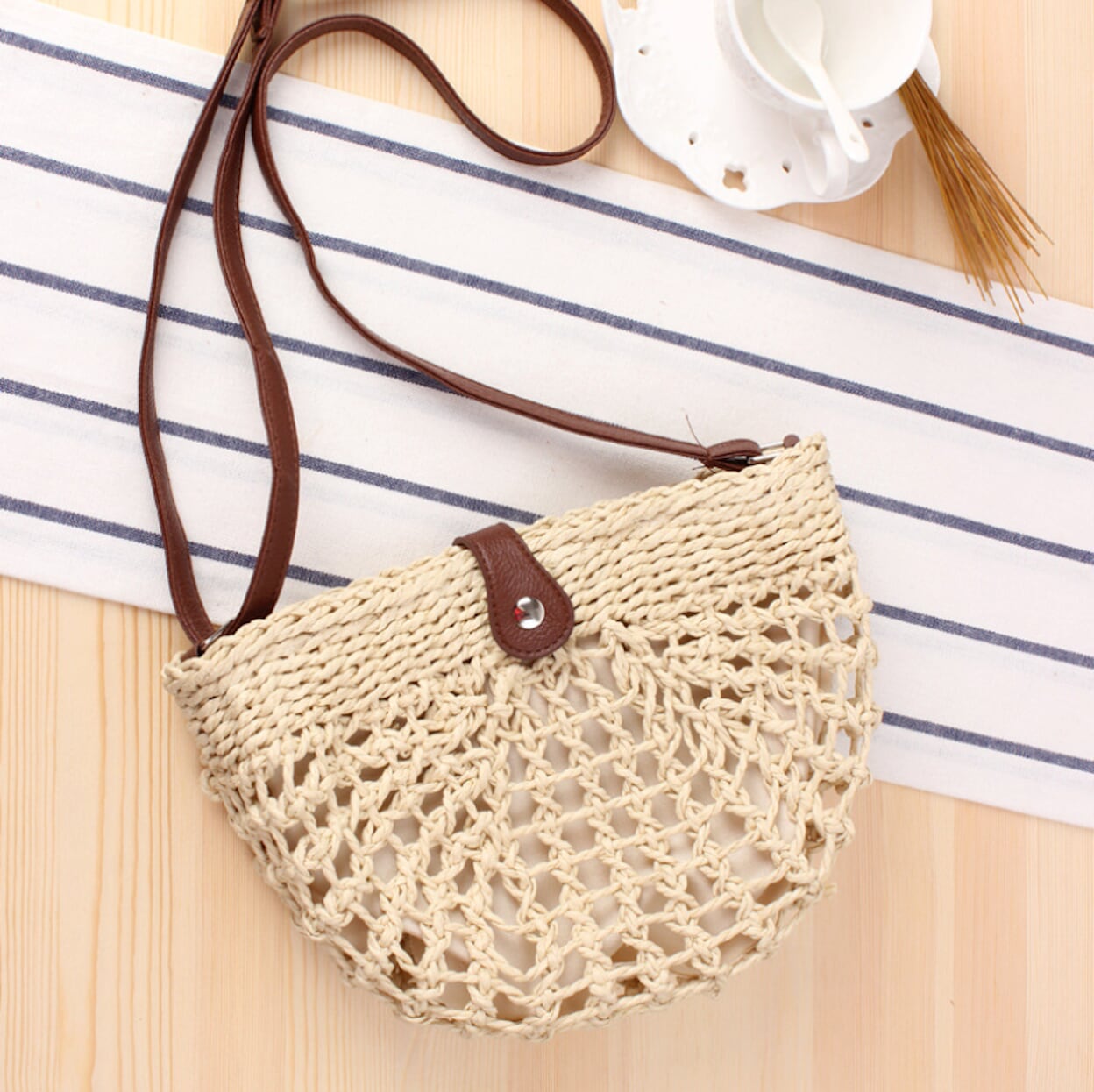 Straw Crossbody Bag with a Half Moon Design