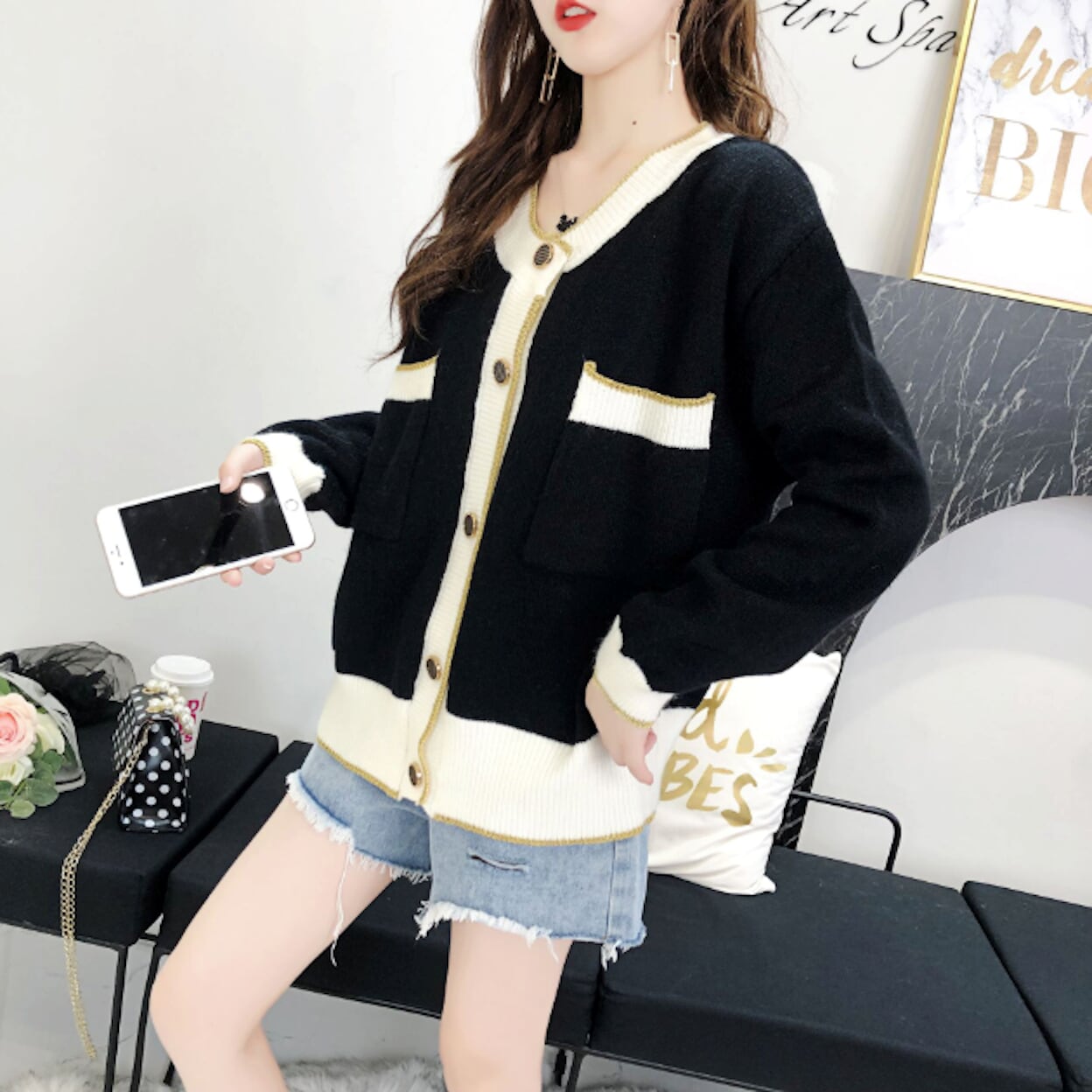 Two Tone Women's Button-Up Cardigan - Clarifying the Essence of the Product while Distinguishing It from the Original
