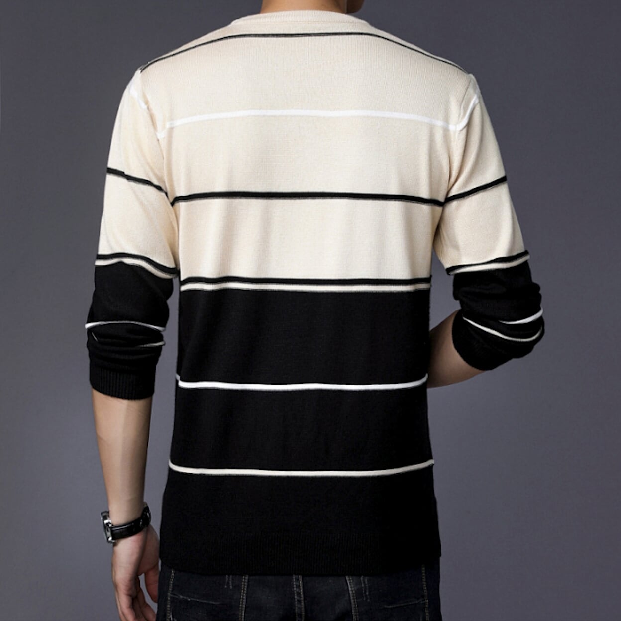 Two-Toned Striped Men's Sweater with Round Neck