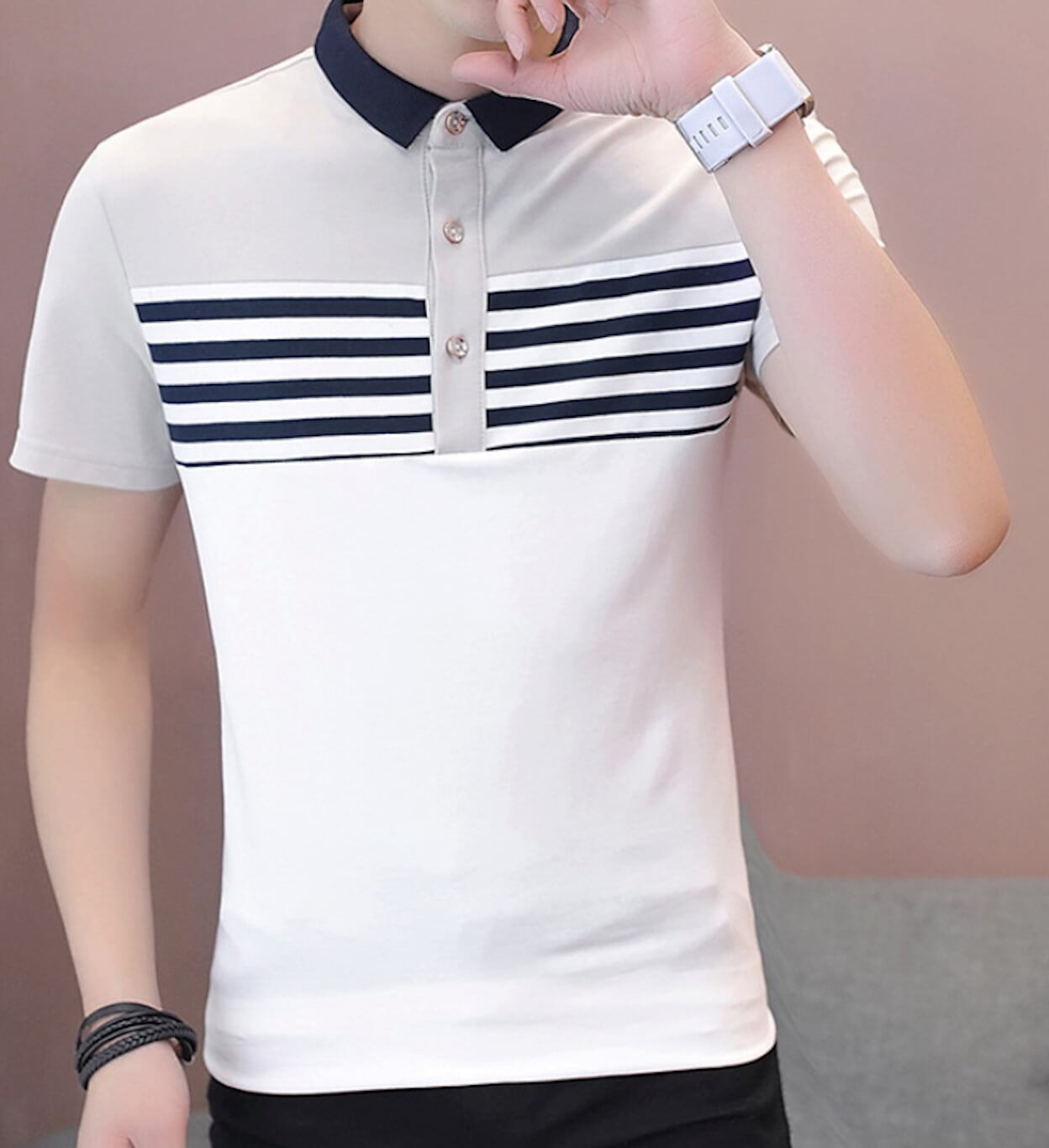 Two Tone Men's Slim Fit Polo Shirt with Stripes