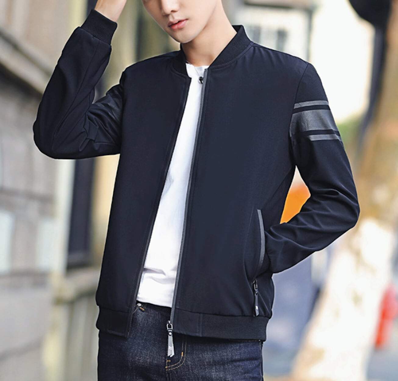 Striped Sleeve Zip-Up Bomber Jacket for Men