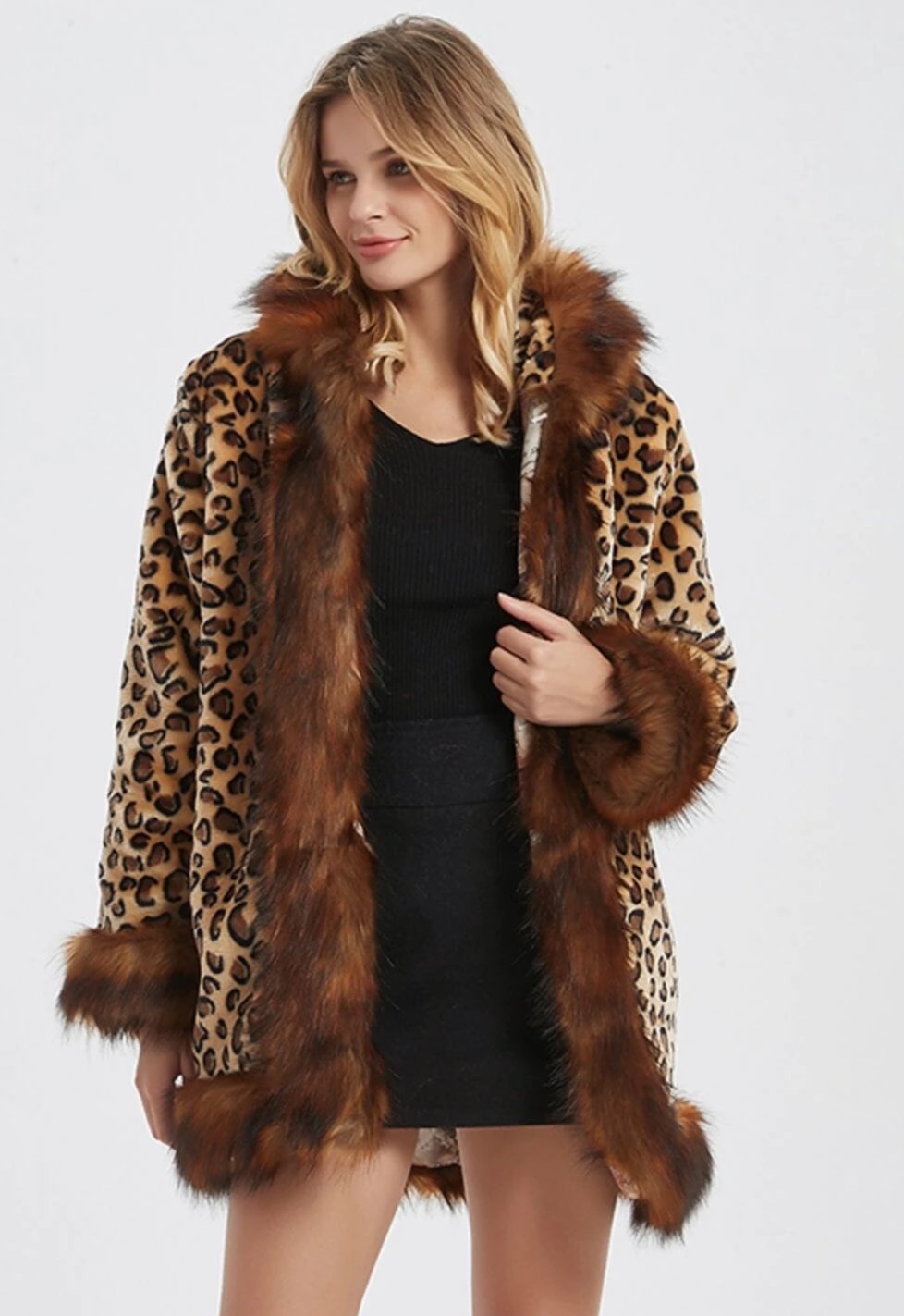 Leopard-Print Women's Hooded Jacket with Faux Fur Collar