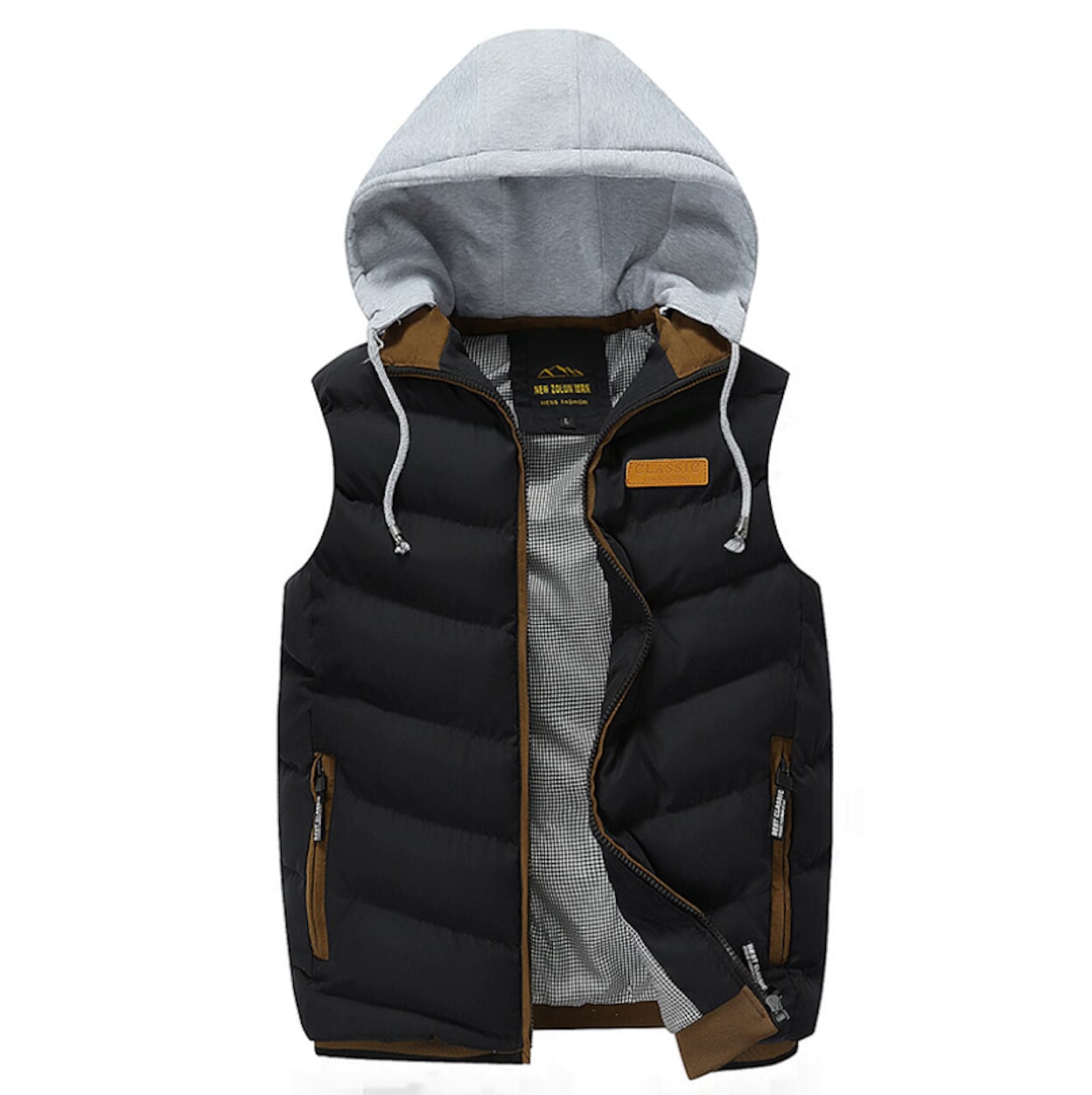 Winter Puffer Vest for Men in Khaki with Detachable Hood