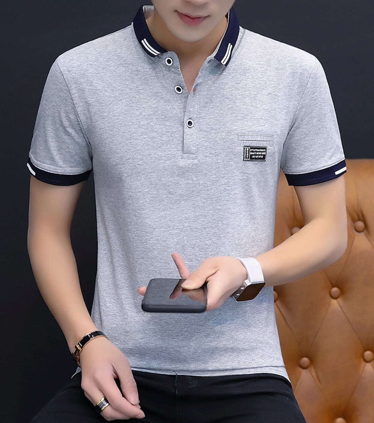 Two Tone Polo Shirt for Men with Short Sleeves