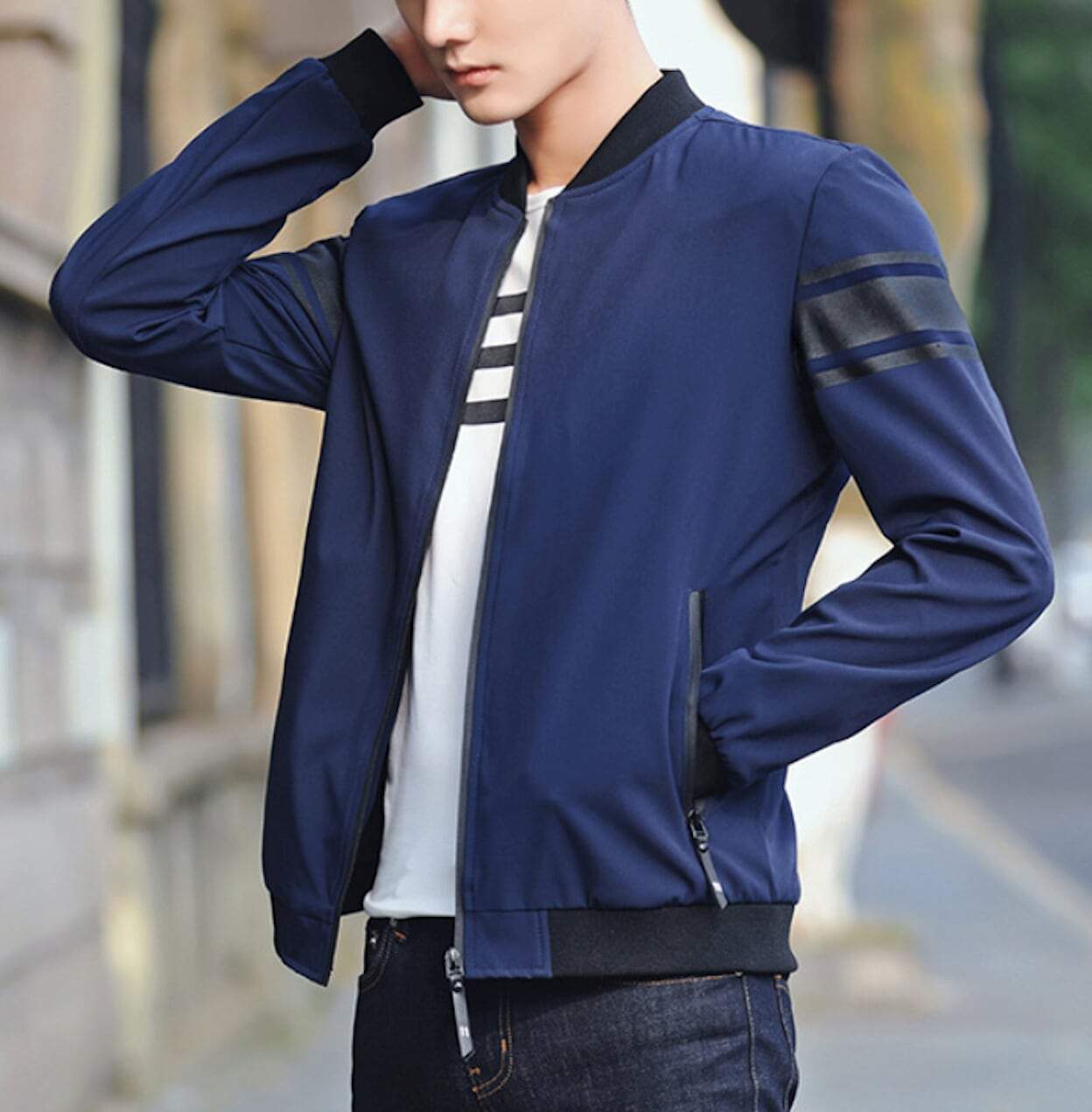 Striped Sleeve Zip-Up Bomber Jacket for Men