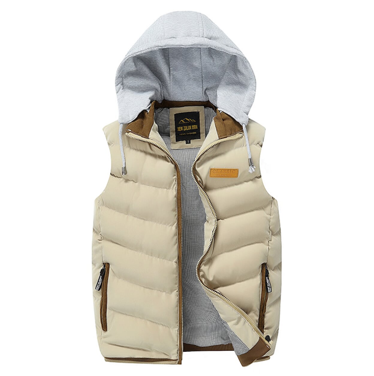 Winter Puffer Vest for Men in Khaki with Detachable Hood