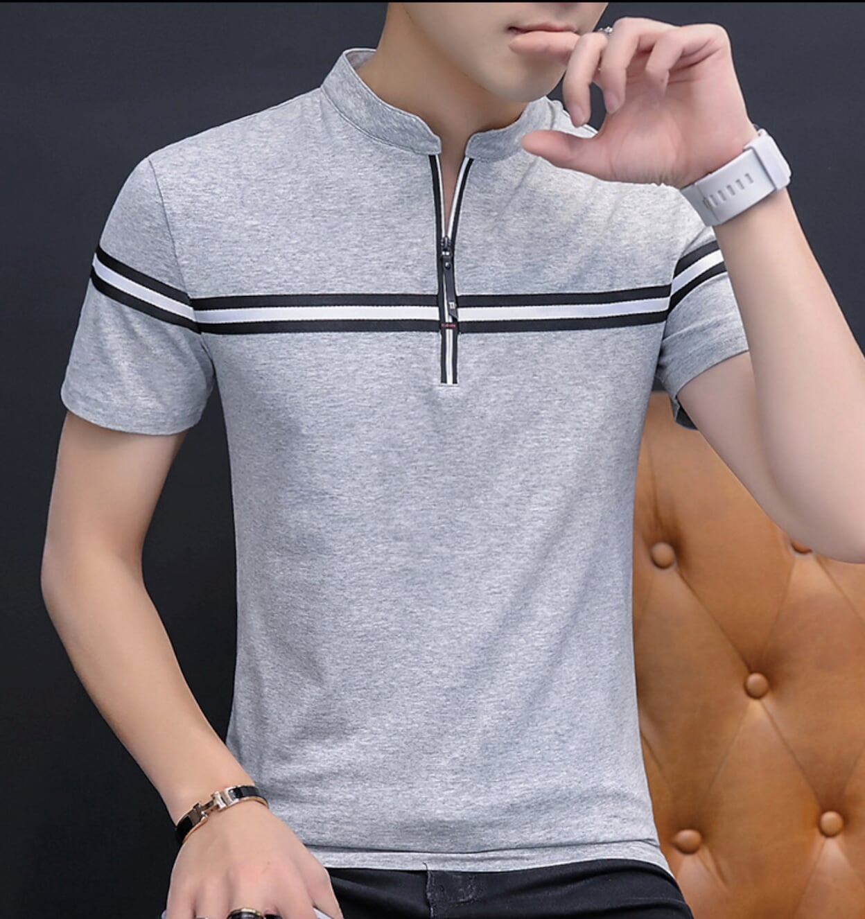 Stand Collar Men's Polo Shirt with Stripes