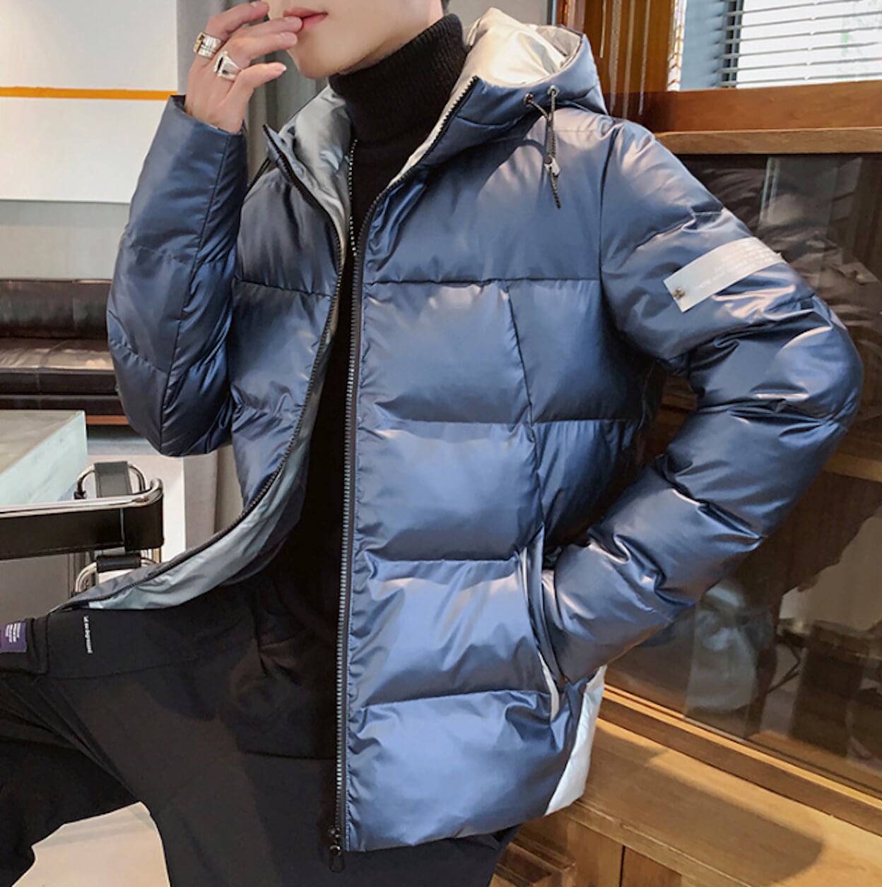 Two-Toned Hooded Puffer Jacket for Men