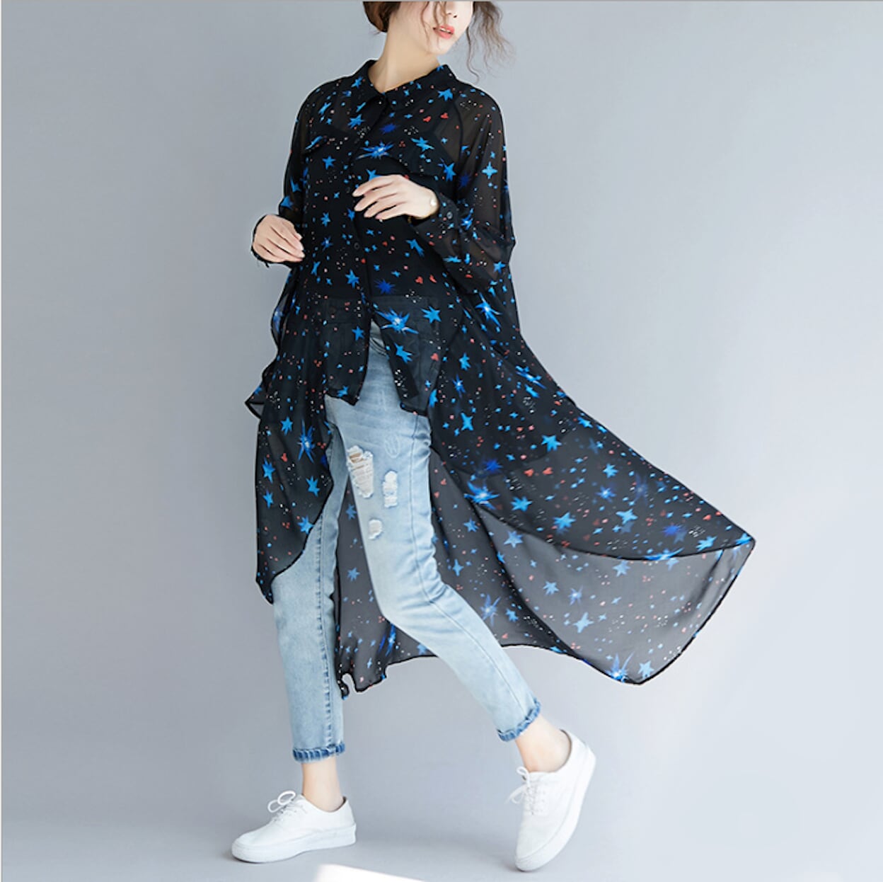 Black Asymmetrical Long Chiffon Top for Women