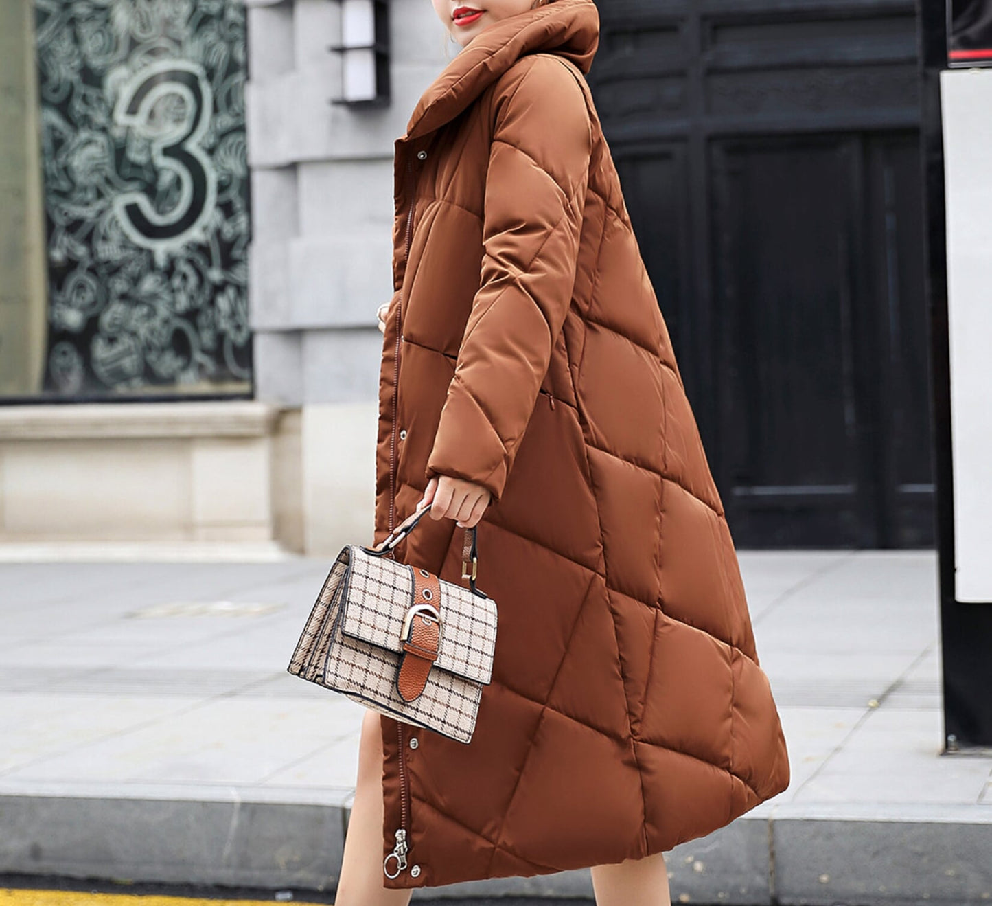 Long Padded Jacket with High Neckline for Women