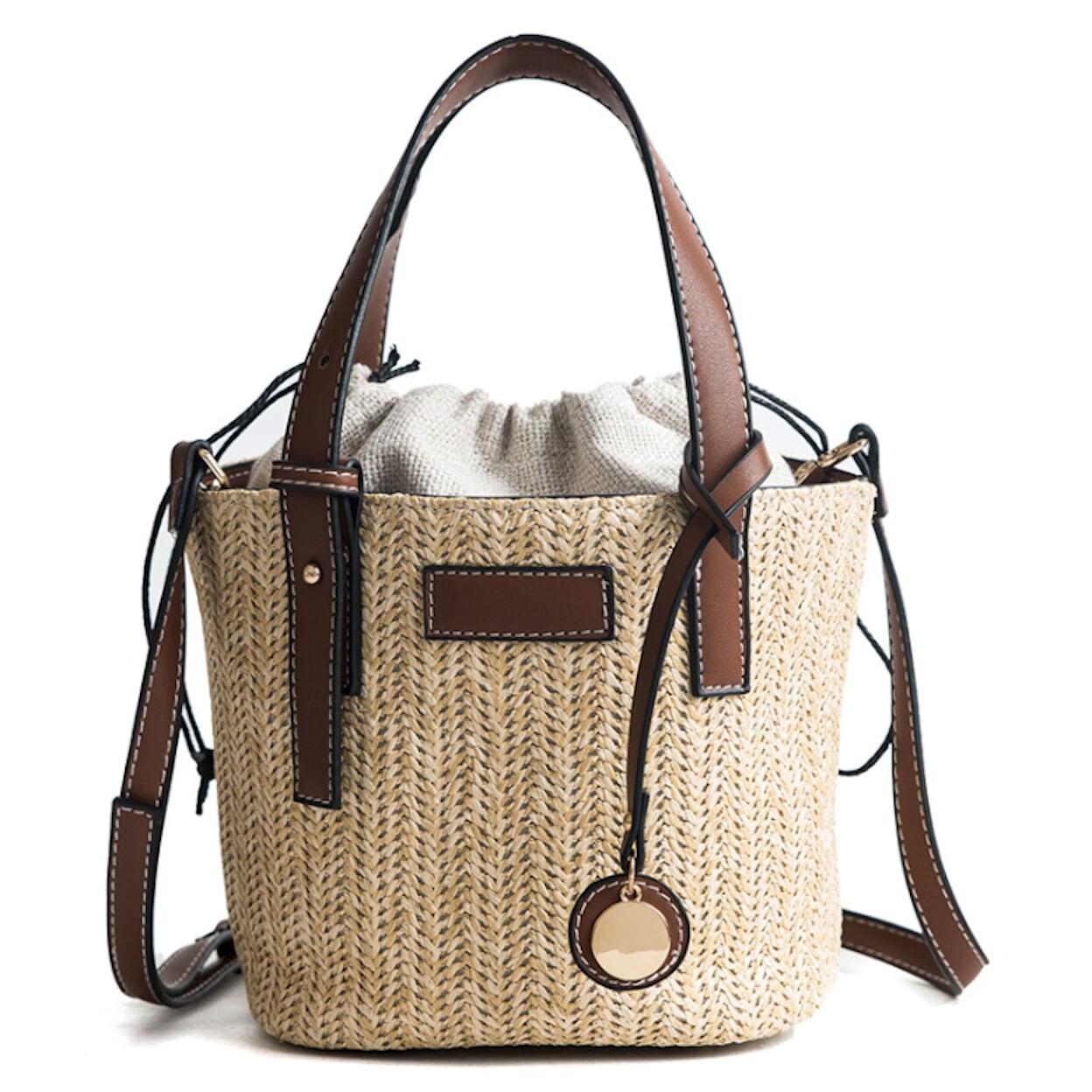 Vegan Leather Handled Straw Shoulder Bag