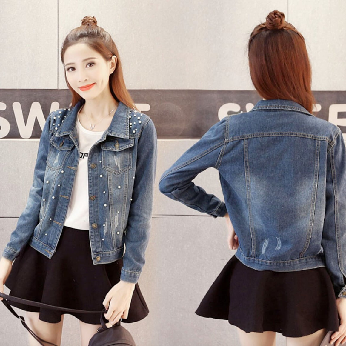 Denim Jacket for Women Adorned with Pearls