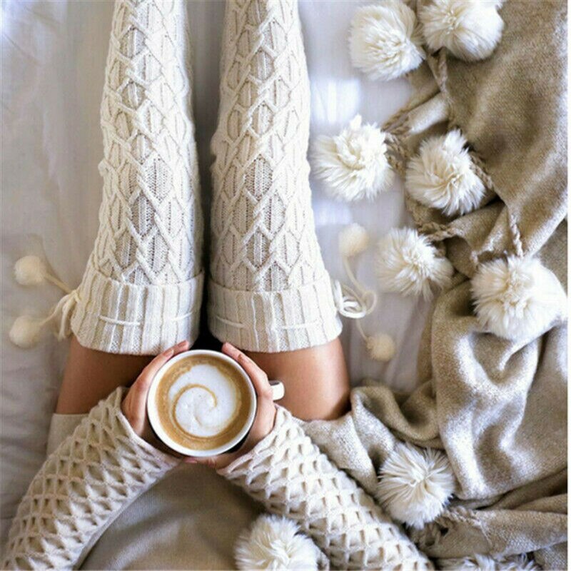 Cable-Knit Cotton Thigh Highs with Pom Poms