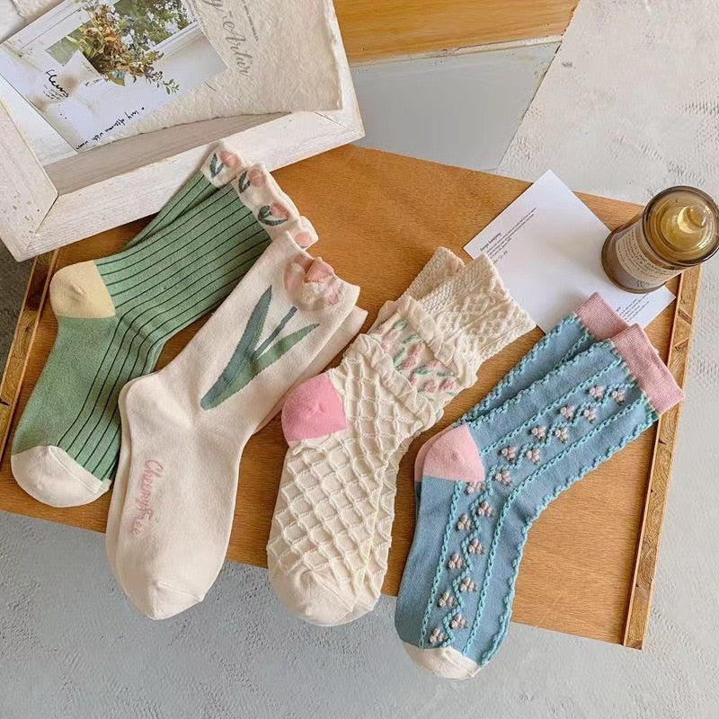 Kawaii Tulip Flower Cotton Socks