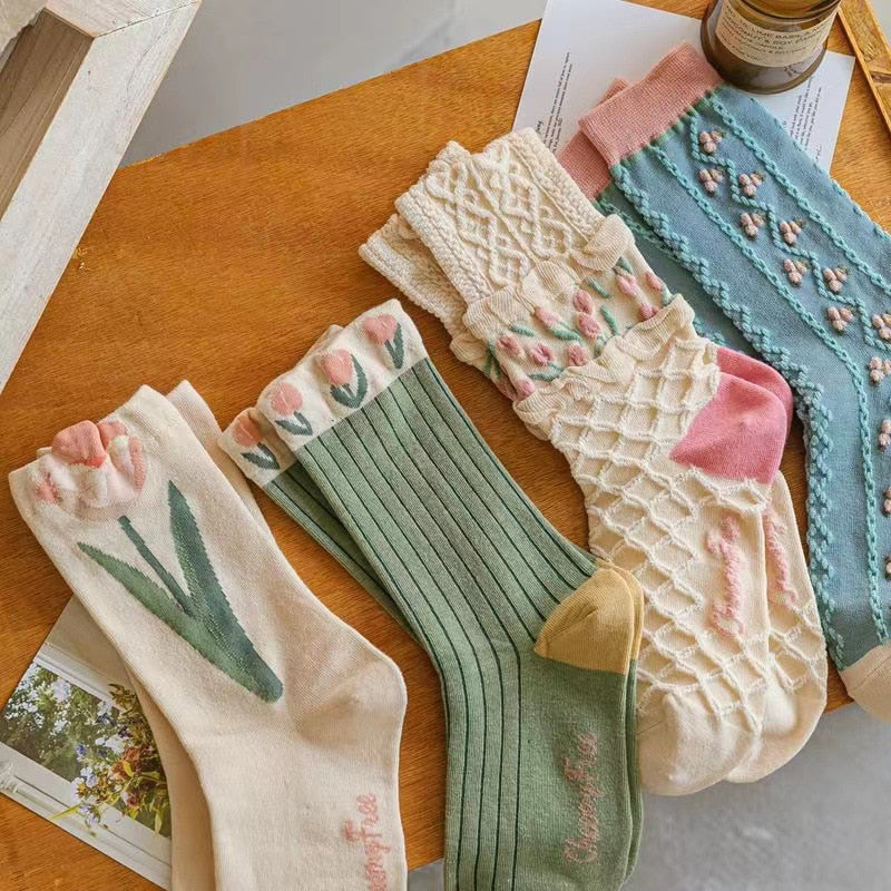 Kawaii Tulip Flower Cotton Socks