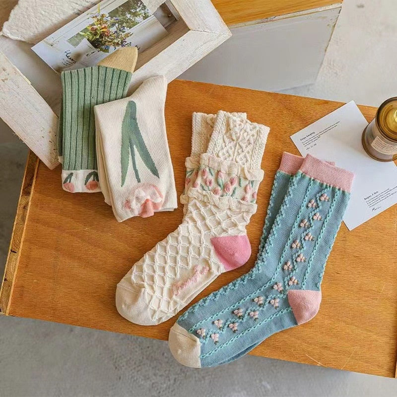 Kawaii Tulip Flower Cotton Socks