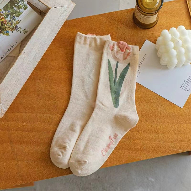 Kawaii Tulip Flower Cotton Socks