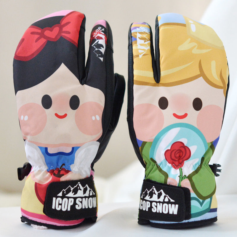 Waterproof Cute Ski Gloves Cartoon Kawaii Snowboard Mittens with Wrist Straps Cute Snow Gloves (11)