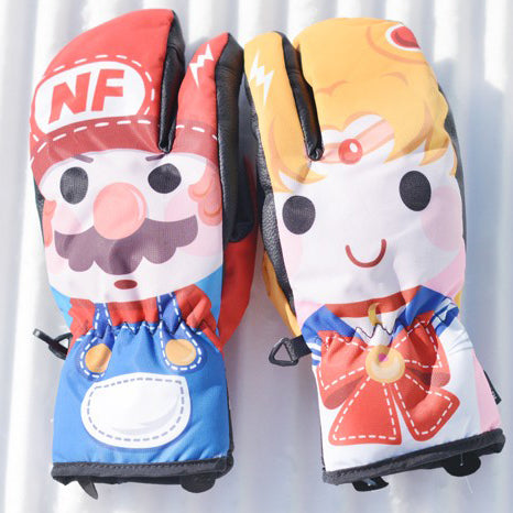 Waterproof Cute Ski Gloves Cartoon Kawaii Snowboard Mittens with Wrist Straps Cute Snow Gloves (12)