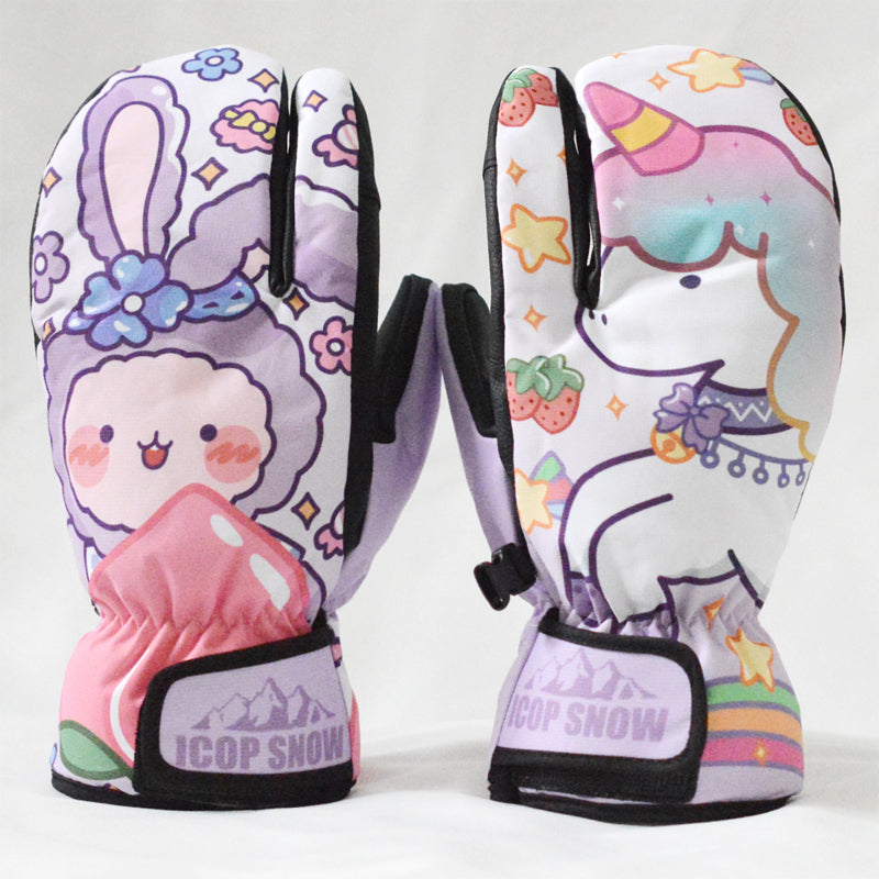Waterproof Cute Ski Gloves Cartoon Kawaii Snowboard Mittens with Wrist Straps Cute Snow Gloves (5)