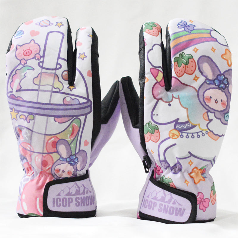Waterproof Cute Ski Gloves Cartoon Kawaii Snowboard Mittens with Wrist Straps Cute Snow Gloves (7)