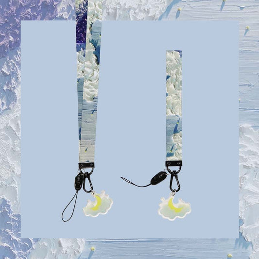 blue Sky Lanyard Aesthetic Phone Straps Necklace for Keys Oil Painting Keychain Wristlet (2)
