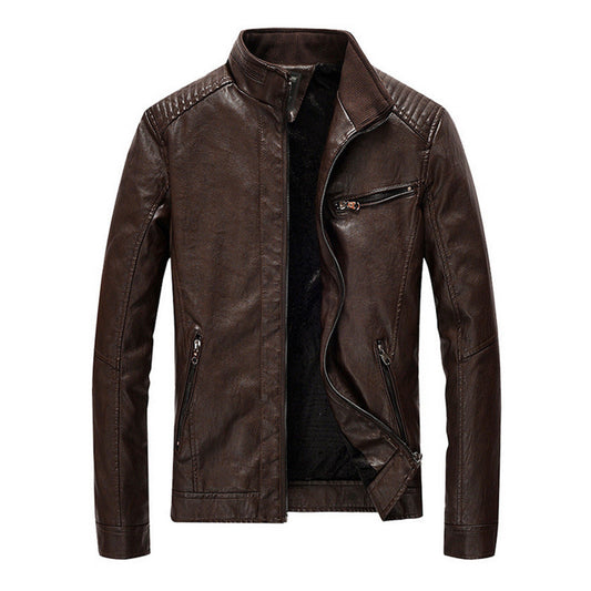 Motorcycle Vegan Leather Jacket with Stand Collar for Men