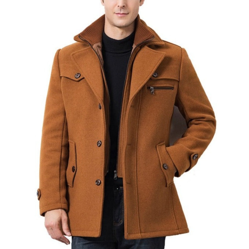 Military Style Men's Coat with Layered Collar and Button Front