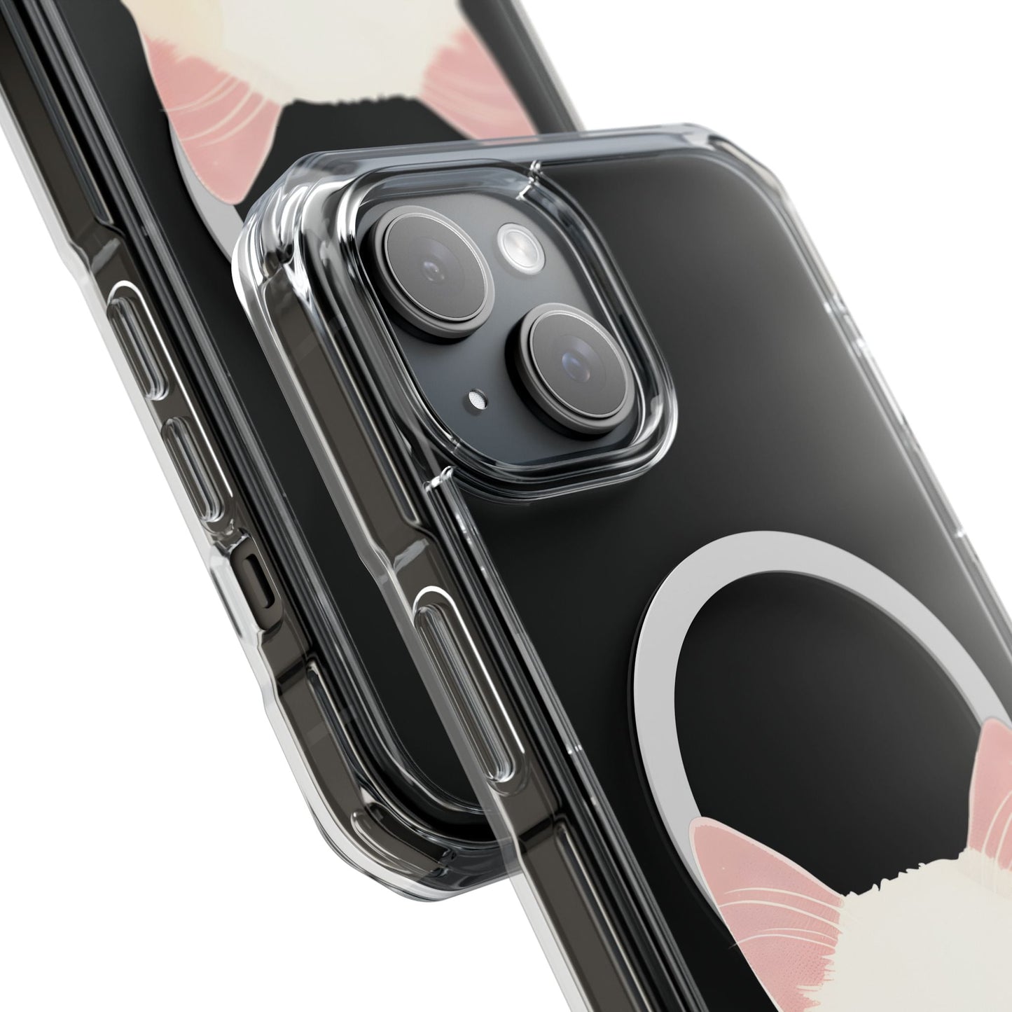 Magnetic Clear Case for iPhone Series with a White Cat Design