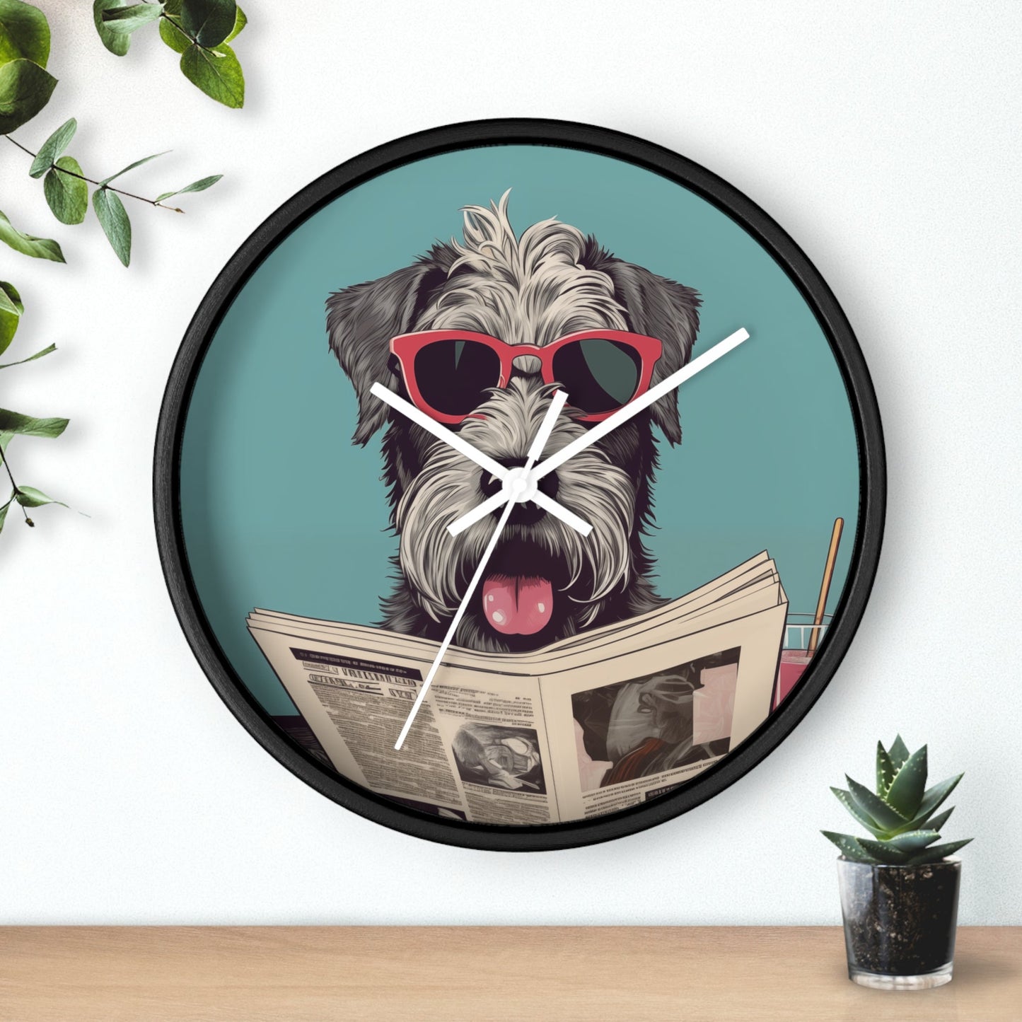 Reading Schnauzer Wall Clock - Stay punctual and add a touch of canine charm to your home or office with this unique wall clock featuring a Schnauzer catching up on the latest news.