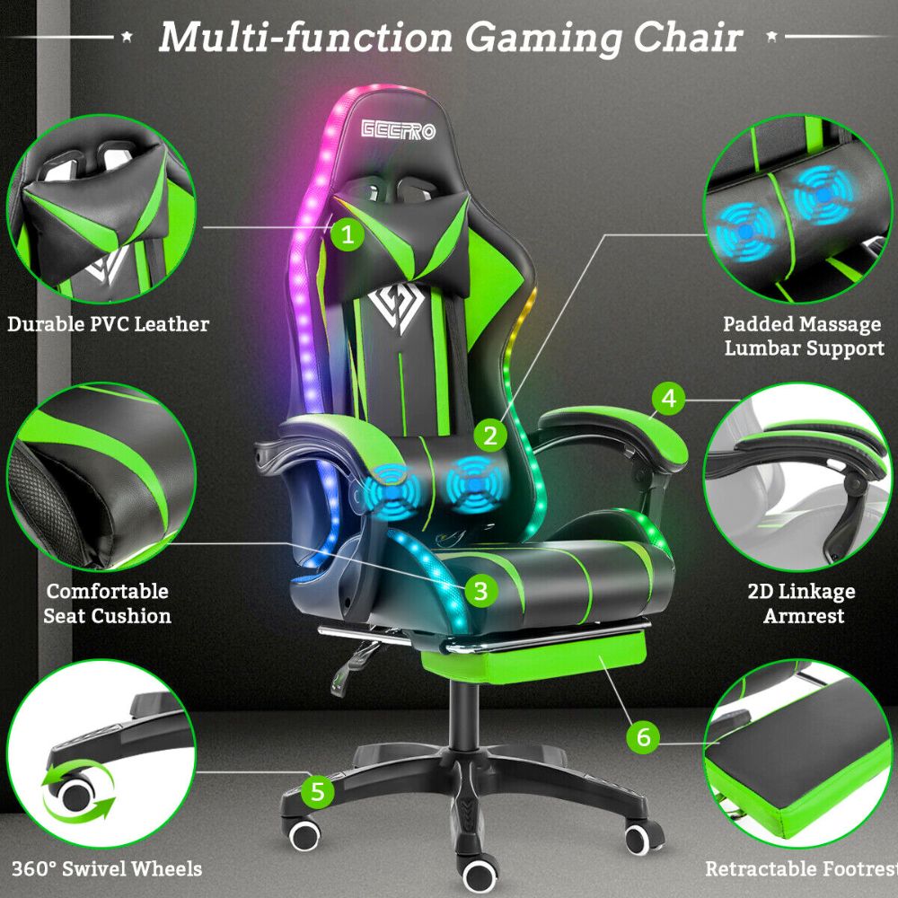 LED Gaming Chair with Built-In Footrest and Massaging Function