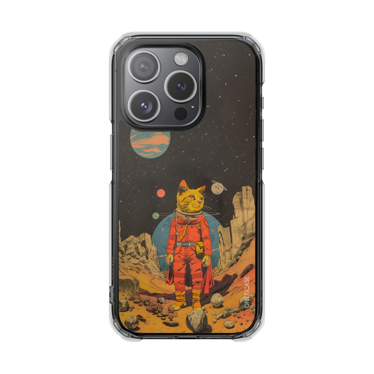 Clear Magnetic Case for iPhone Series with Vintage Feline Astronaut Design