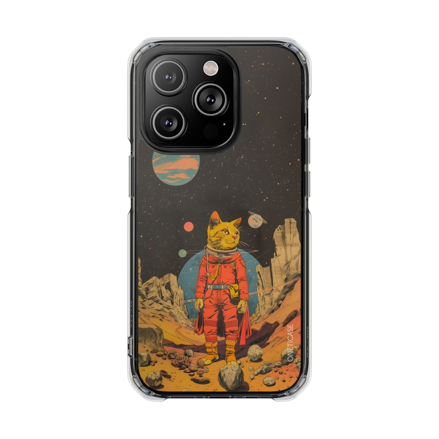 Clear Magnetic Case for iPhone Series with Vintage Feline Astronaut Design