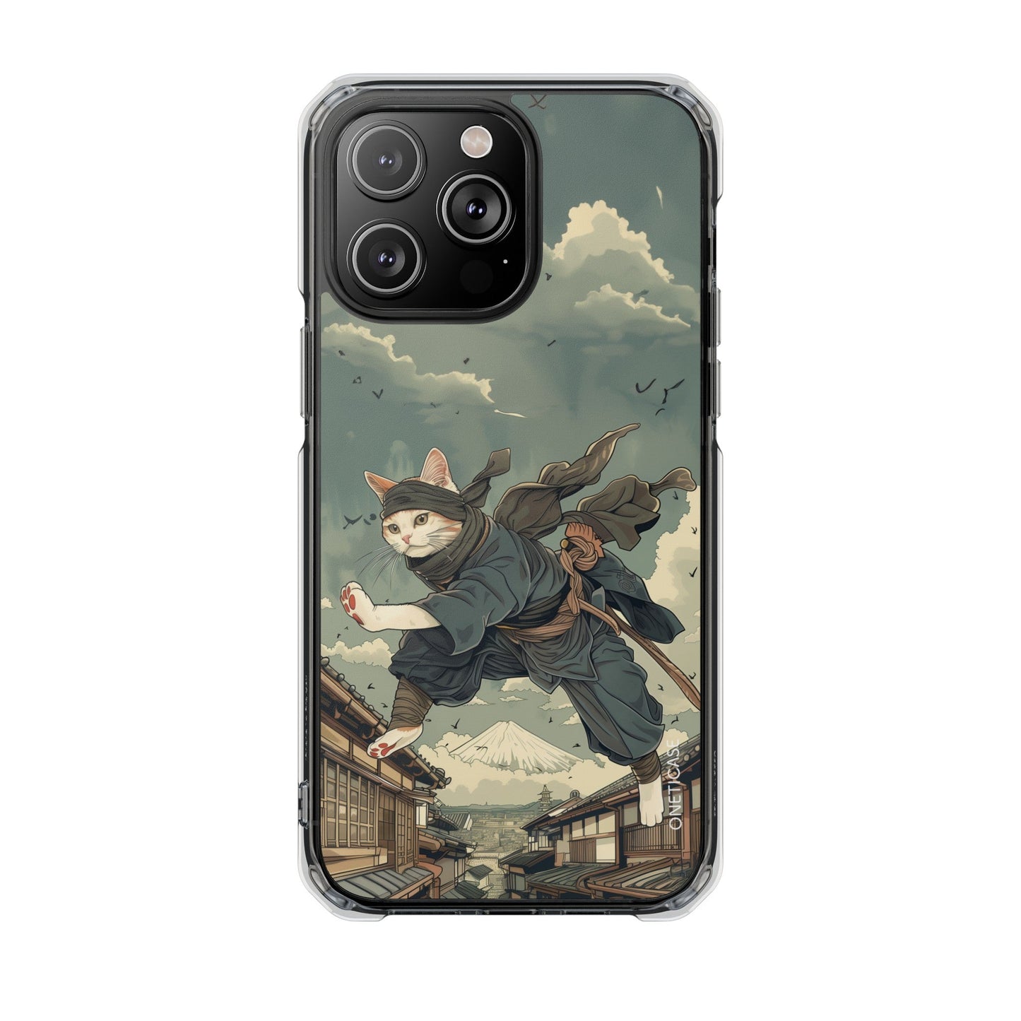 Stealthy Magnetic Clear Case for iPhone Series with Ninja Feline Design