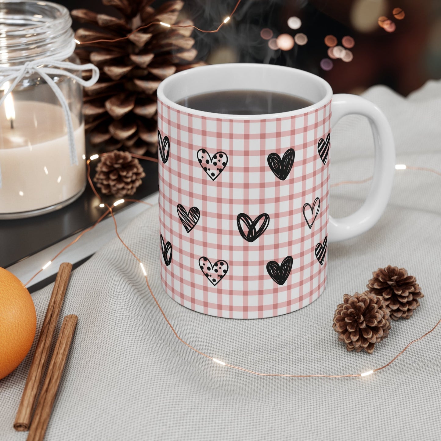 Pink Heart and Plaid Mug