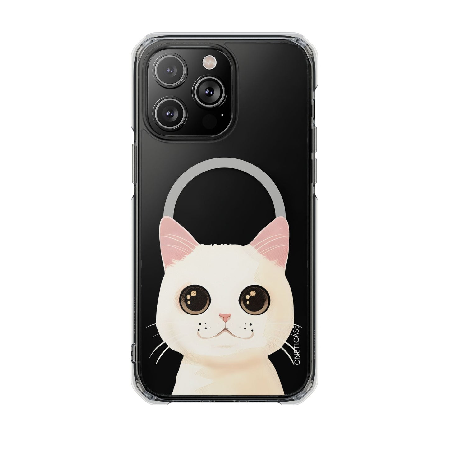 Magnetic Clear Case for iPhone Series with a White Cat Design