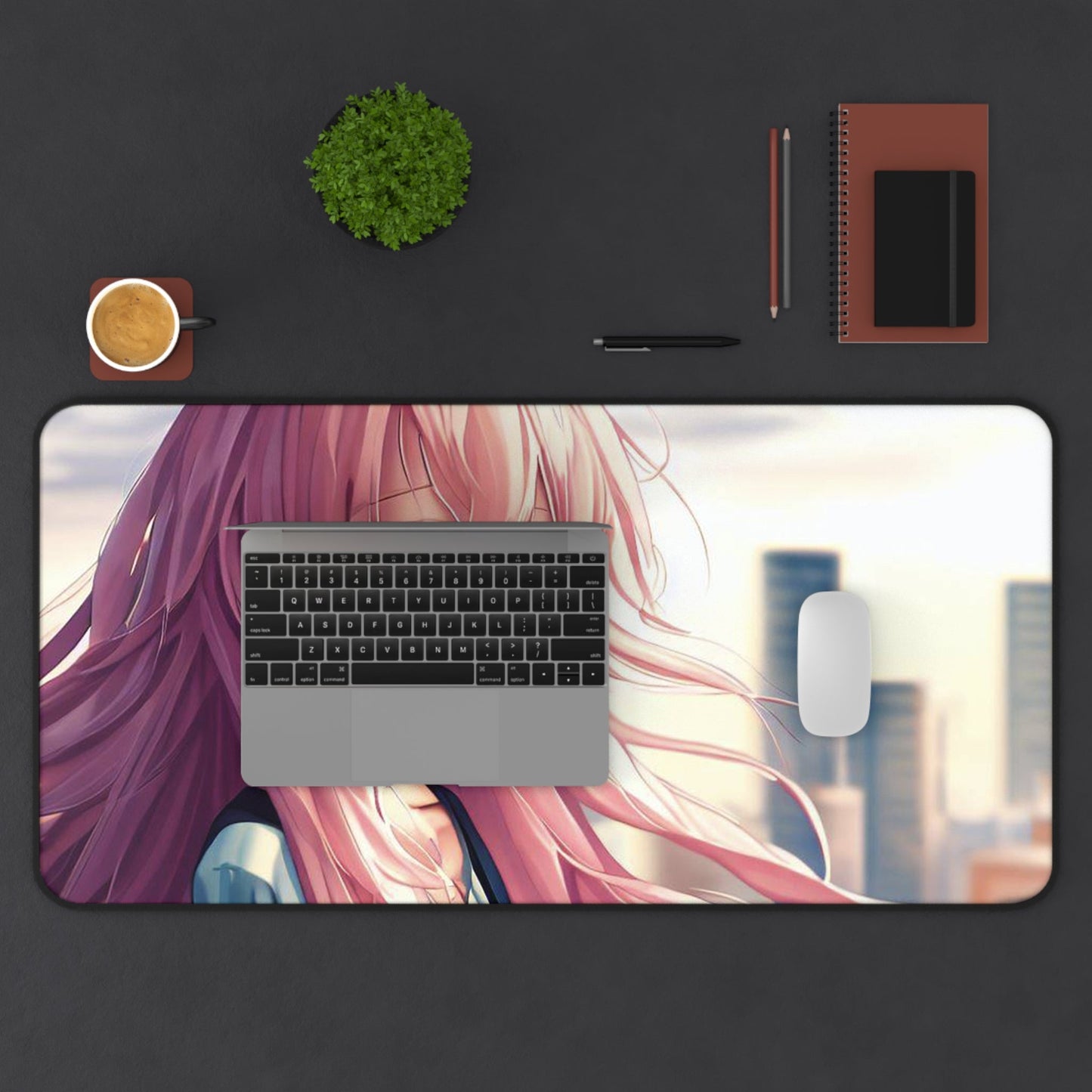 Large Pink Mouse Pad featuring an Anime Girl with Colorful Hair