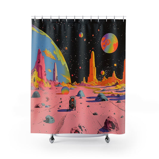 Shower Curtain Featuring Vintage Robot in Space Design
