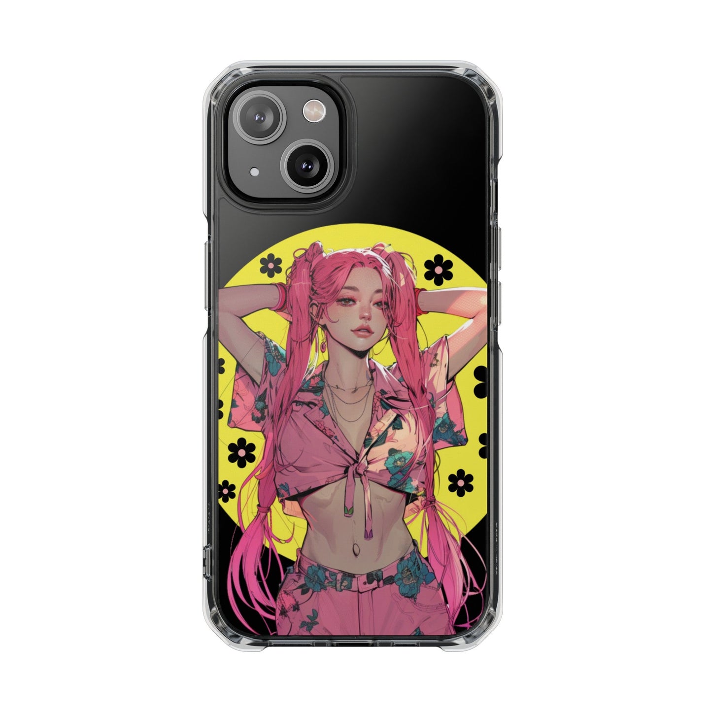 Magnetic Clear Case for iPhone with a Pink-Haired Anime Girl Design