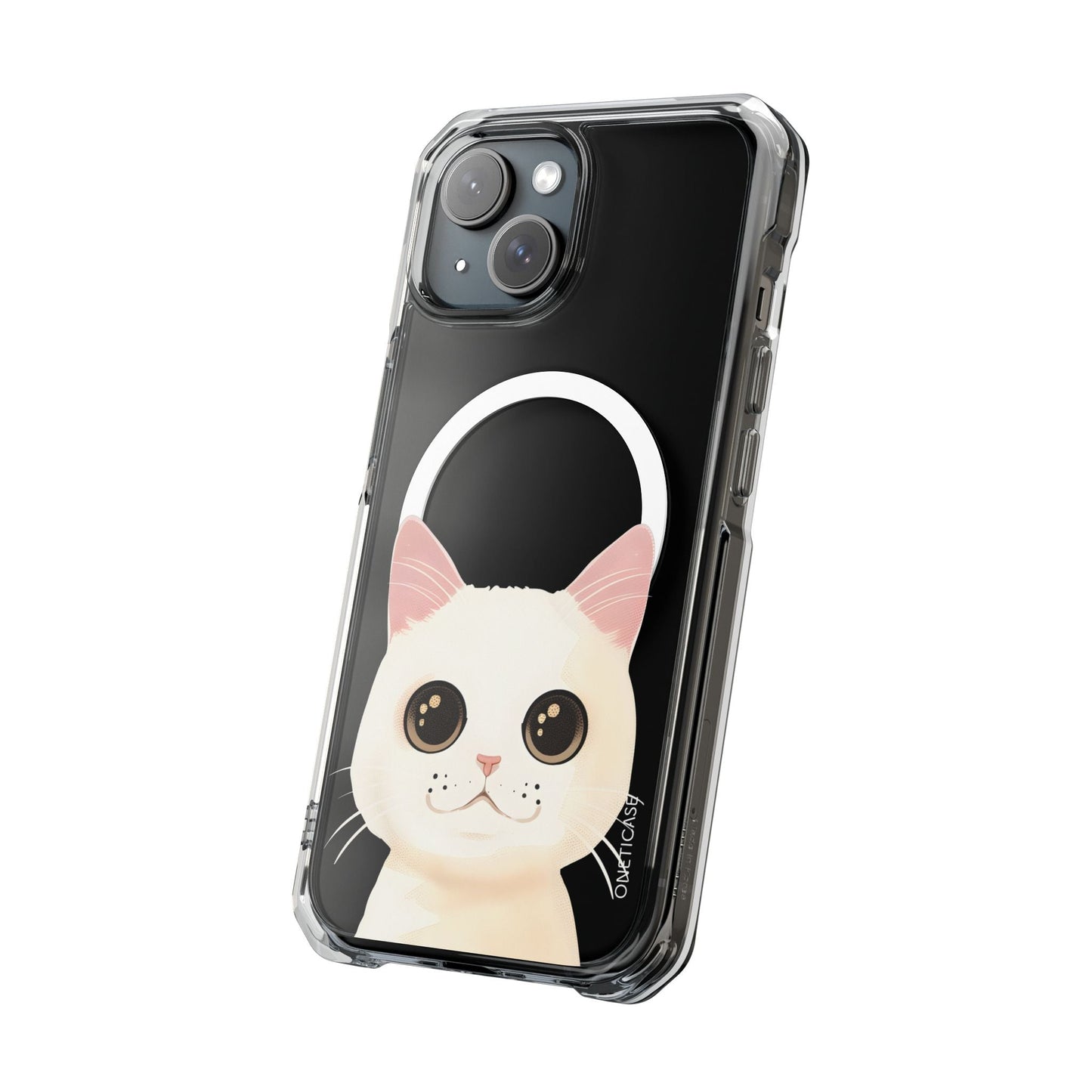 Magnetic Clear Case for iPhone Series with a White Cat Design
