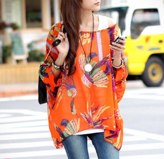 Tropical Chiffon Tunic Top for Women with a Relaxed Fit