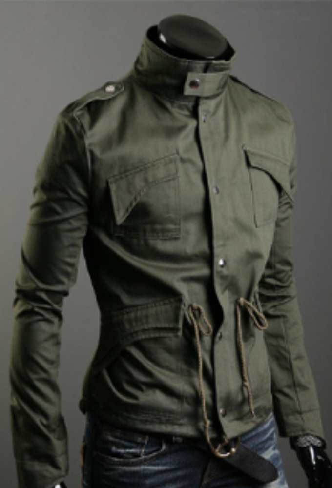 Green Short Parka with Stand-Up Collar for Men