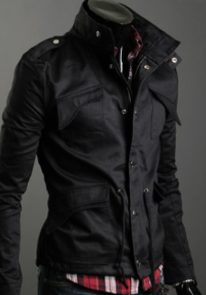 Green Short Parka with Stand-Up Collar for Men