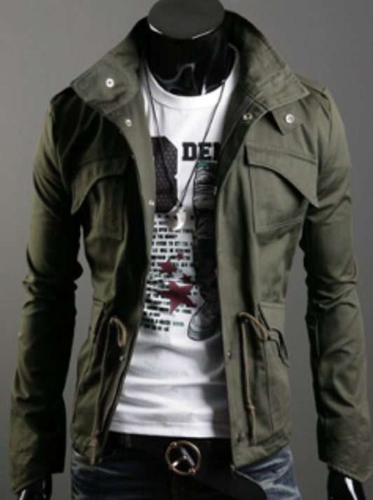 Green Short Parka with Stand-Up Collar for Men