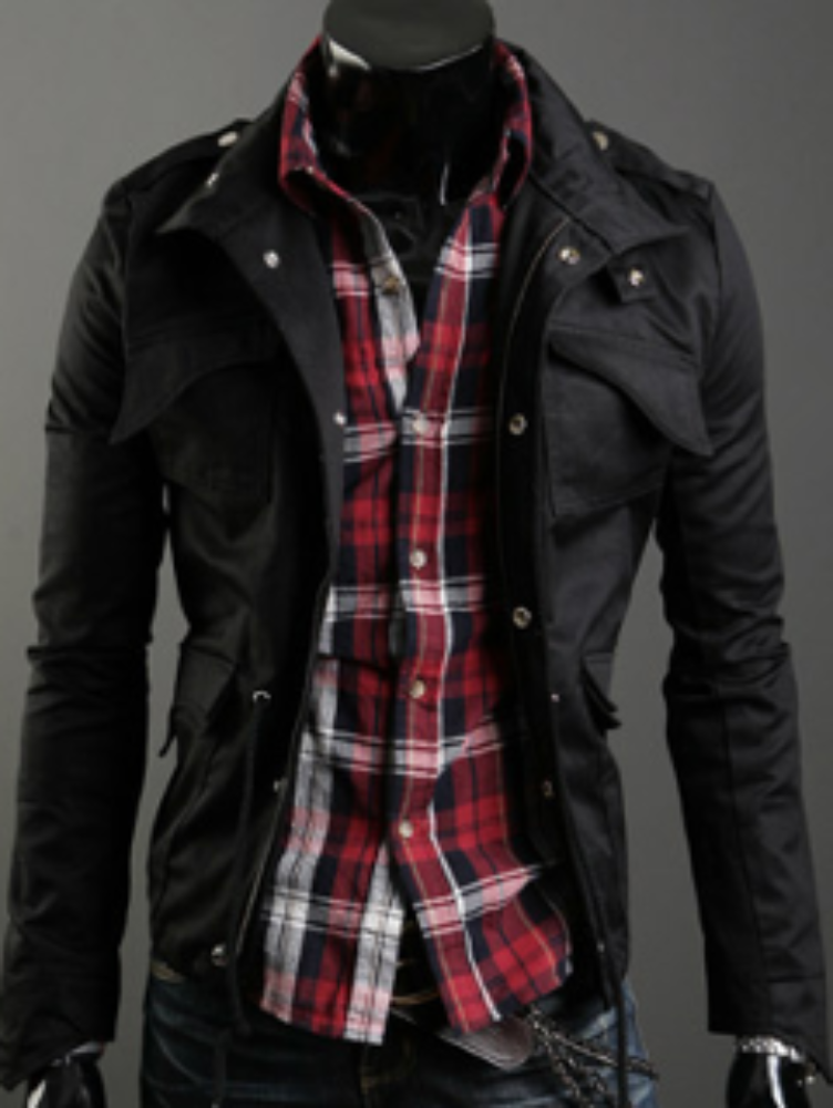 Green Short Parka with Stand-Up Collar for Men