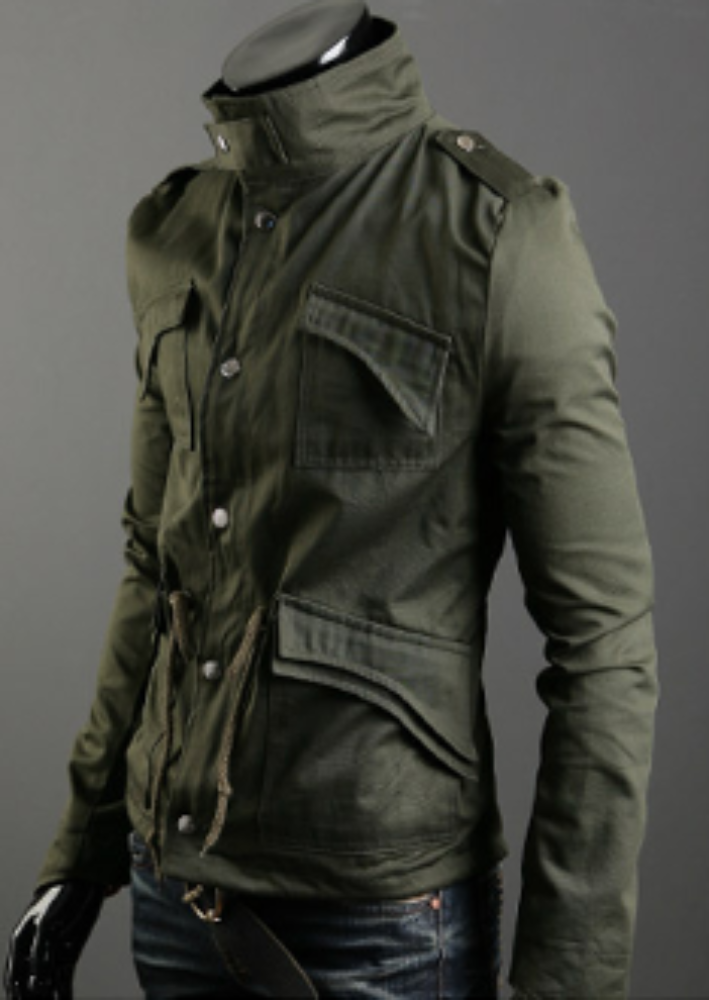 Green Short Parka with Stand-Up Collar for Men